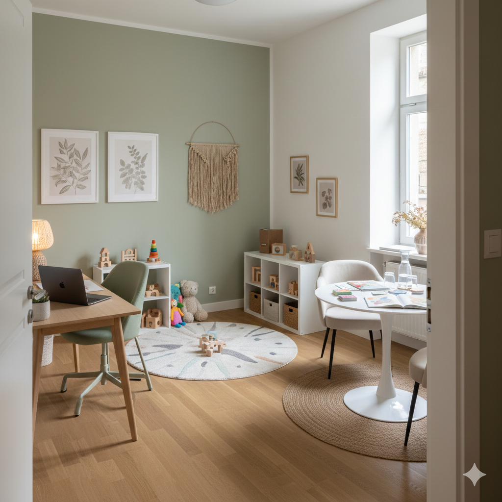 représentation du cabinet avec un bureau, des chaise, un espace avec une table ronde et un coin jeux pour les enfants